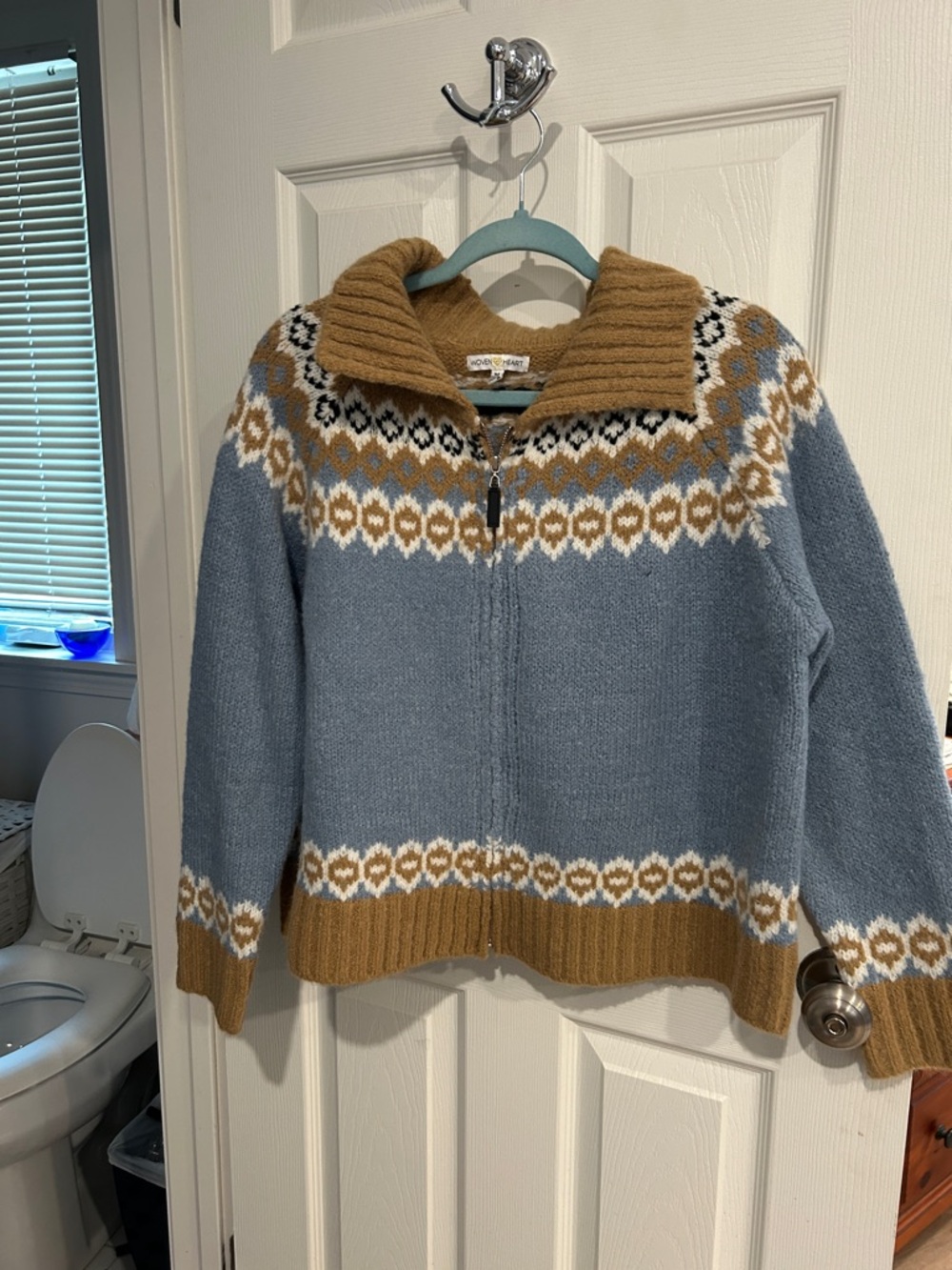 Woven Heart Zip-Up Fair Isle Knit Jacket - Blue & Brown